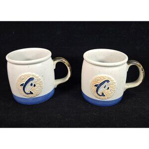 Dolphin Stoneware Mugs Pair Nautical Ocean Cottage Fishcore